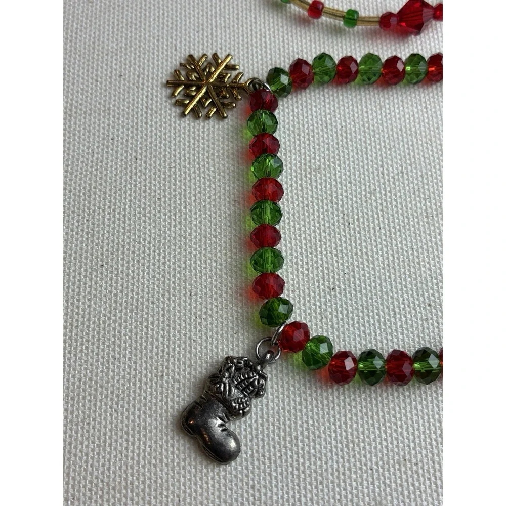 VTG Christmas Bracelet Set Red & Green Crystal Beads with Holiday Charms